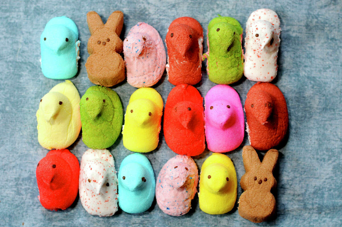 a colorful assortment of Peeps chicks and bunnies